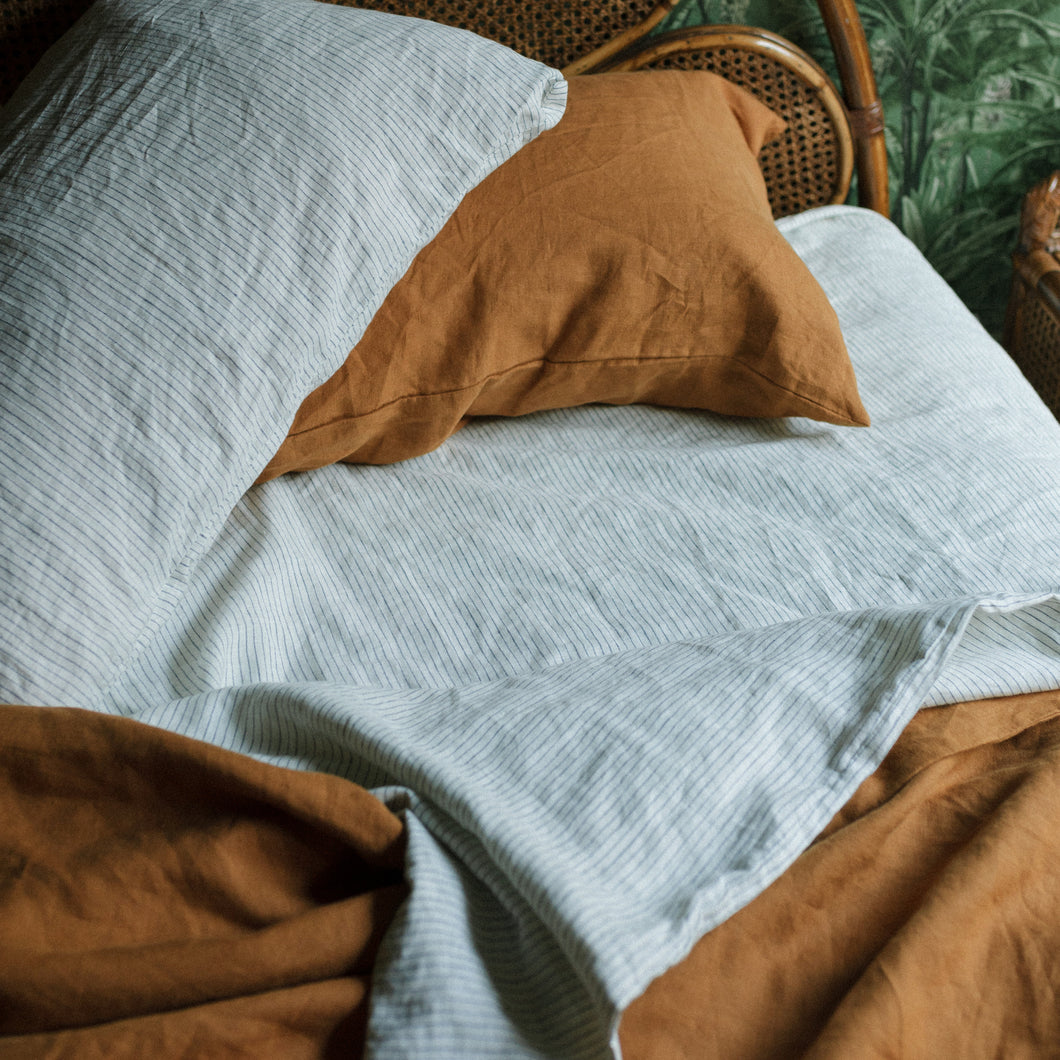 100% Flax Linen Flat Sheet in Pinstripe